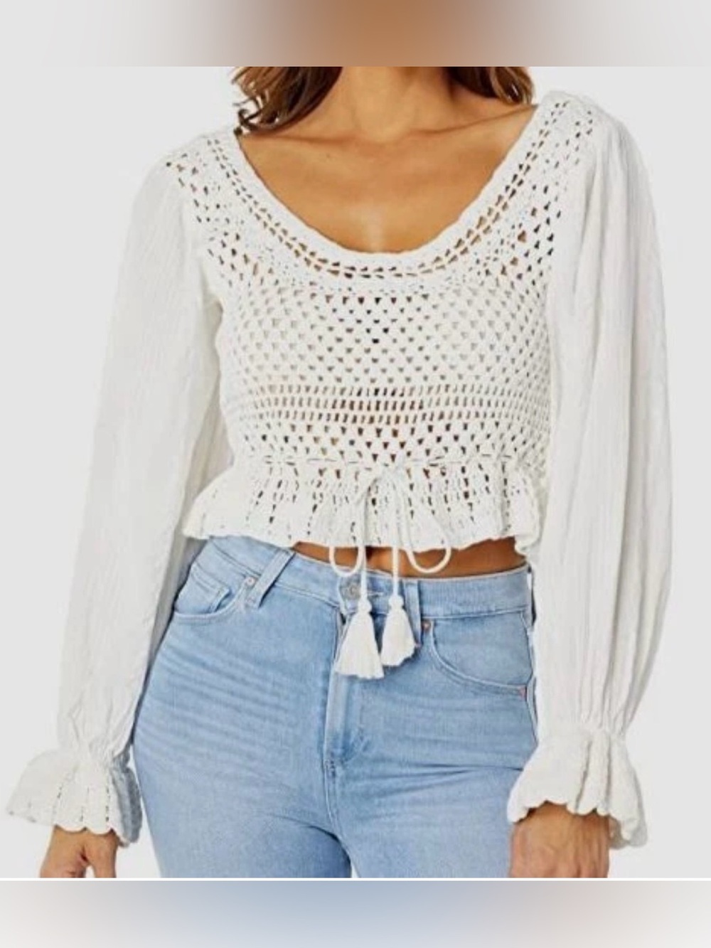Free people Megan Crochet Cropped Top Ivory Knit Cut Out Back Long Sleeve New
